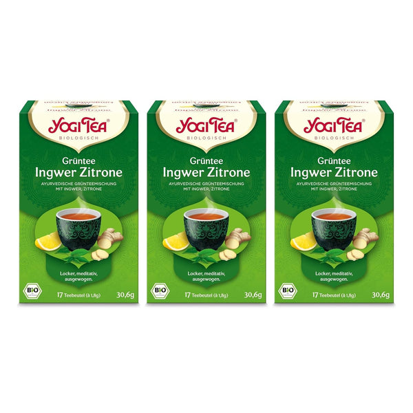 Yogi Tea - Ceai verde cu ghimbir și lămâie, ceai ayurvedic organic cu condimente și plante, amestec de ceai verde, ghimbir și lămâie, pachet de 3 ceaiuri Yogi, 3X17 pliculețe (51 pliculețe de ceai în total), ideal ca cadou