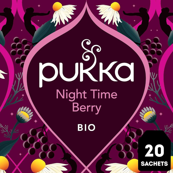 Pukka | Ceai de fructe bio „Night Time Berry” | Mușețel, coacăze negre și mure | Ceai pentru o seară relaxantă | Fără cofeină | Pachet de 1 | 20 pliculețe de ceai