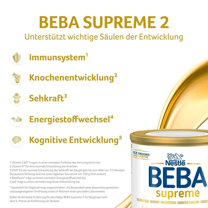 BEBA SUPREME 2 Lapte de continuare după 6 luni, doar lactoză, fără ulei de palmier, pachet de 6 (6 x 800 g) Naty Shop