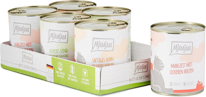 Mjamjam - Hrană umedă premium pentru pisici - Mixpack I - pui, vită, inimi, pachet de 6 (6 X 200 G), fără cereale cu extra carne
