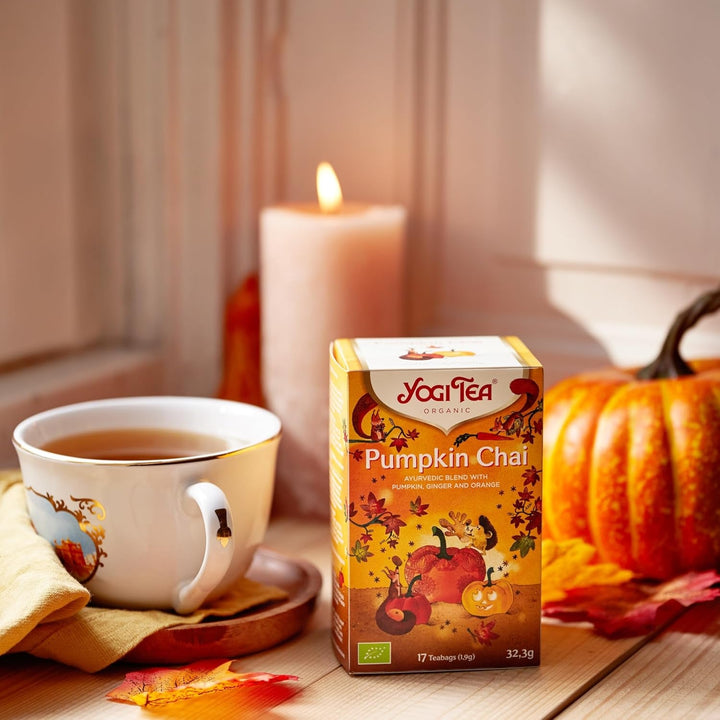 Yogi Tea - Pumpkin Chai, ceai ayurvedic organic cu mirodenii și plante, fără cofeină din natură, amestec de dovleac, ghimbir și portocală, Yogi Tea pachet de 6, 6X17 pliculețe (102 pliculețe de ceai în total)