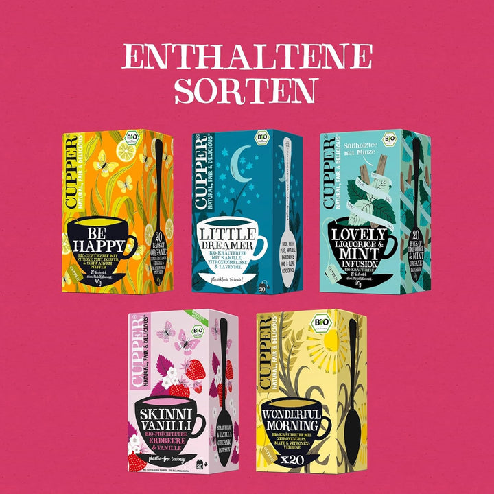 Set de ceaiuri bio Cupper Delicious Variety, 20 sortimente diferite de ceaiuri din plante și fructe, 20 pliculețe de ceai nealbite