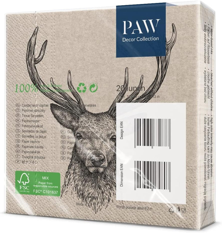 Paw Decor Collection X Paw Decor Collection CM Pappers torkservetter med 3 lager. 20 stycken. Tryckt med vattenbaserade färger. Borddekorationer. Nature, HIRSC, PAW_022022, rådjur, 33 x 33 cm (paket med 3)