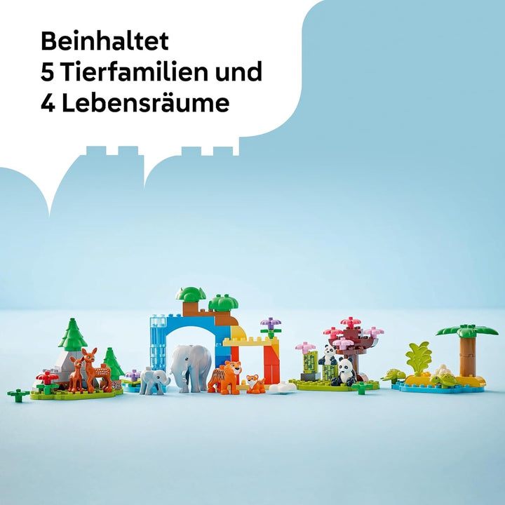 Set LEGO DUPLO Town Wild Animal Families 3-in-1, jucărie educativă pentru copii mici cu țestoase, tigri, elefanți, căprioare, panda, set pentru preșcolari de la 2 ani, jucărie de construit cu figuri de animale 10446 Seturi de constructie Besuche den LEGO-Store