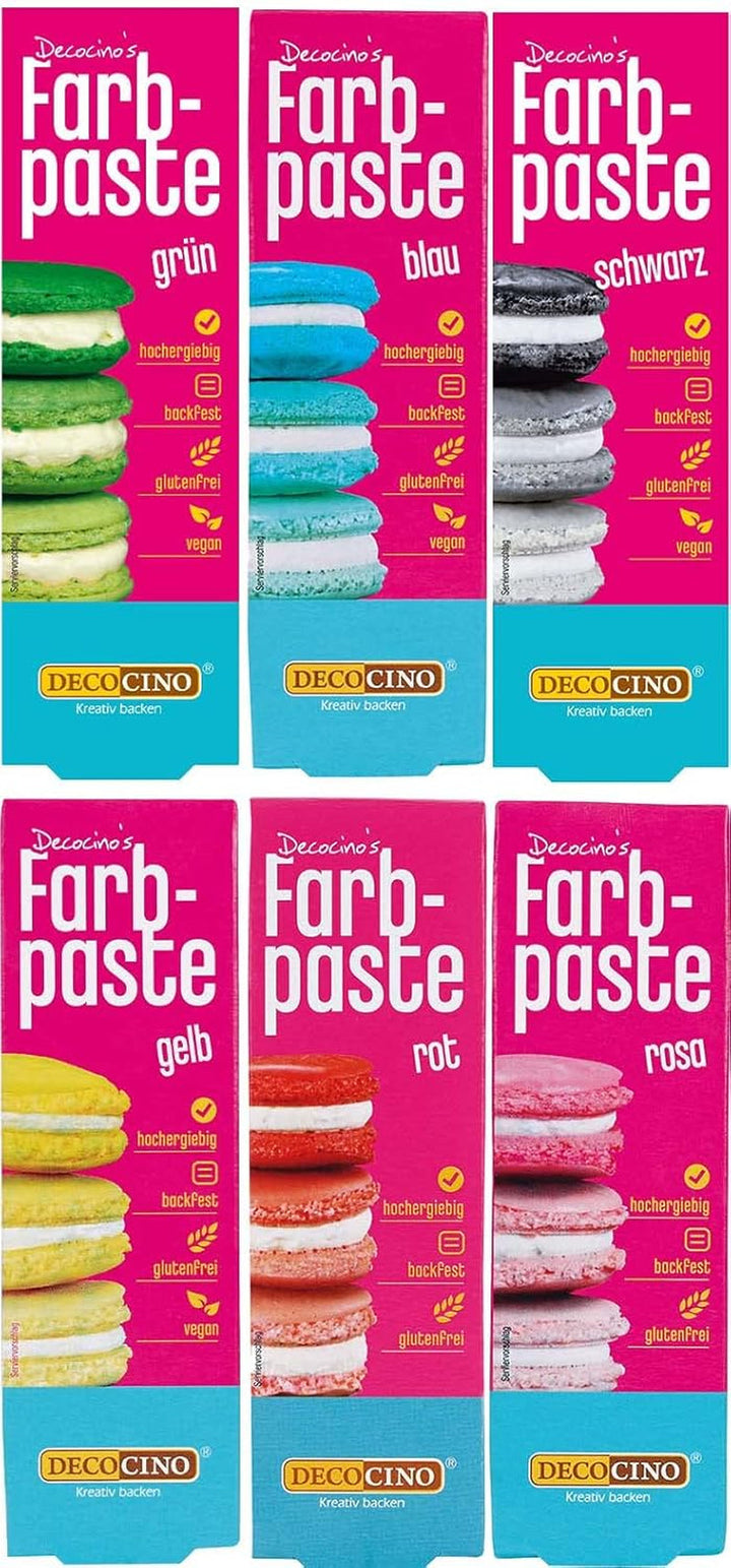 Set de 6 paste de culoare Decocino – 6 x 20 g – Colorant alimentar în roșu, roz, verde, galben, albastru și negru, ideal pentru colorarea prăjiturilor, fondantului și cremelor – Fără azoici și fără gluten