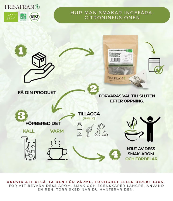 FRISAFRAN | Ceai verde organic Mint Gunpowder în piramide 30 unități | 60G | Antioxidant | Ceai verde japonez | Digestiv | Băutură răcoritoare | Infuzie de mentă | Ceai pur | Frunze de mentă | Cald-rece