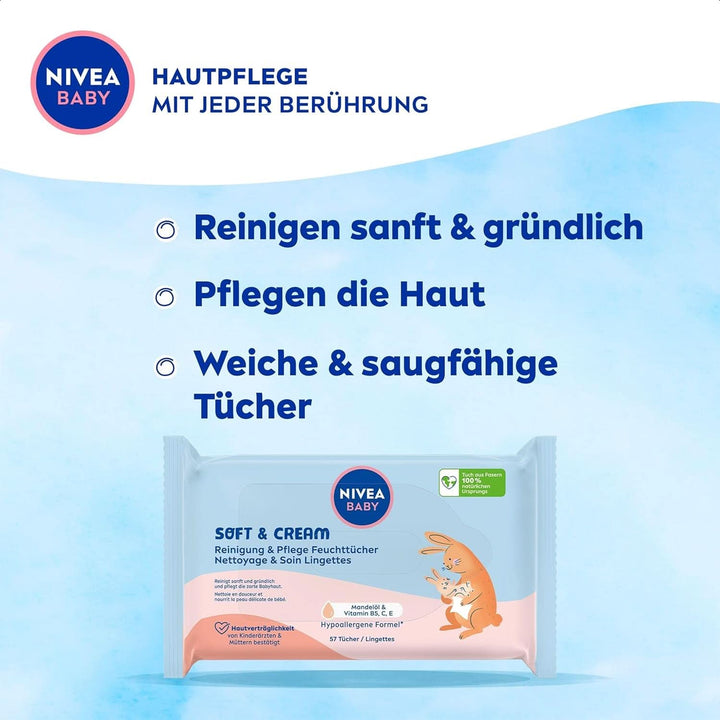NIVEA BABY Soft & Cream Feuchttücher, Baby Feuchttücher Zur Sanften Reinigung Empfindlicher Babyhaut, Hypoallergene Feuchttücher Für Babys Mit Mandelöl Und Vitaminen (4 X 57 Stück) Naty Shop