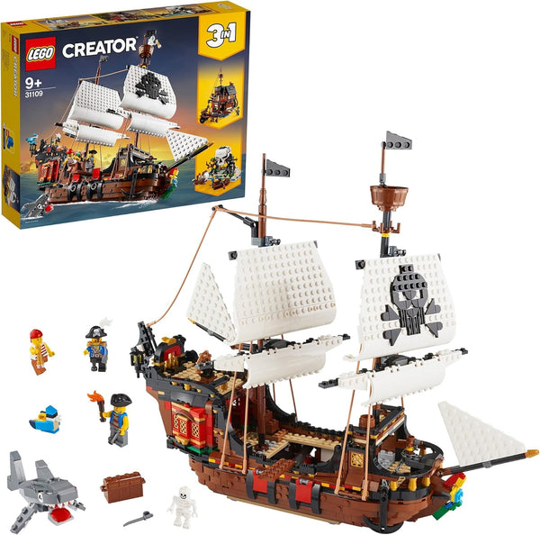 Set navă pirat LEGO Creator 3 în 1, jucărie cu 3 opțiuni de construcție, construiește o tavernă pirat sau o insulă pirat cu craniu, include 3 minifigurine pentru aventuri de rol 31109 Seturi de constructie Besuche den LEGO-Store Ambalaj standard