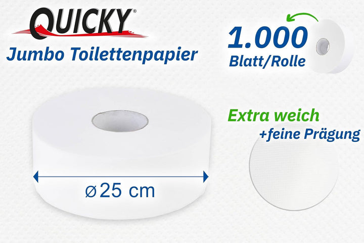Hârtie igienică Quicky Jumbo 2 straturi, 25 cm Ø, alb strălucitor, relief cu puncte fine, 6 role - absorbantă și rezistentă la rupere pentru igienă maximă, ideală pentru instituțiile publice și industrie