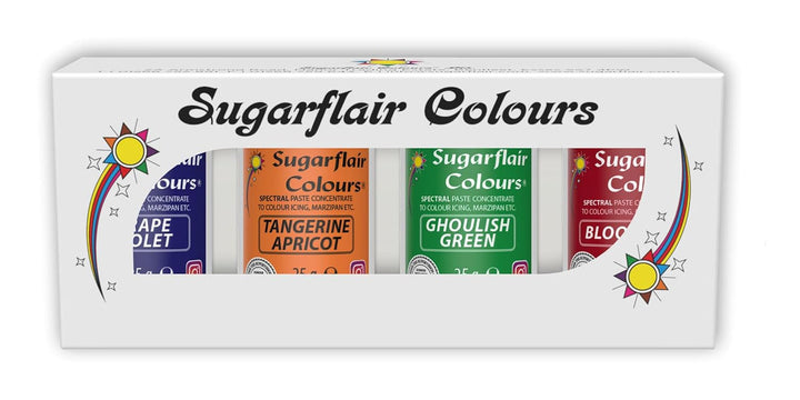 Set de coloranți alimentari pentru paste Sugarflair/4, coloranți alimentari pentru paste, fondant, marțipan, pastă de zahăr, cremă de unt și multe altele: Verde macabru, Violet struguri, Roșu sângeriu