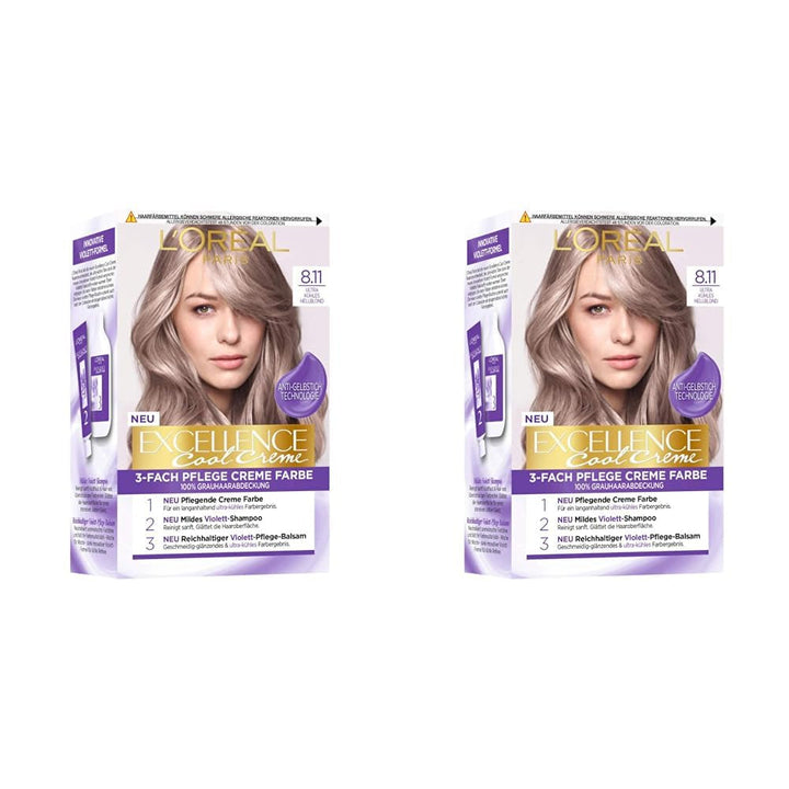 L'Oréal Paris Permanent Hair Colour Colour Result, 100% acoperire păr gri, set cu colorant, șampon și cremă de îngrijire, Excellence Cool Creme, Nr. 8.11 Ultra cool blond deschis (Blond) (pachet de 2) Vopsea pentru par Naty Shop Titlu implicit