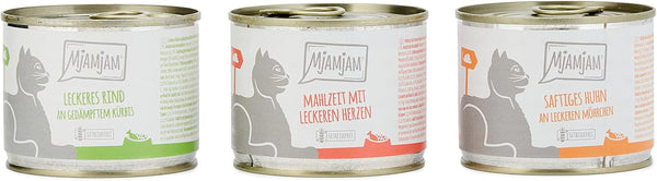 Mjamjam - Hrană umedă premium pentru pisici - Mixpack I - pui, vită, inimi, pachet de 6 (6 X 200 G), fără cereale cu extra carne
