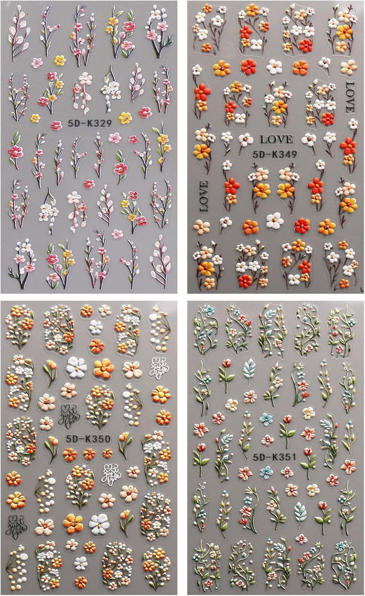 JMEOWIO 3D Nagelsticker Blumen Nail Art Sticker Selbstklebend Nagelaufkleber 5D Stereoskopisch Herbst Blumen Dekoration Nageldesign Zubehör 4 Blatt