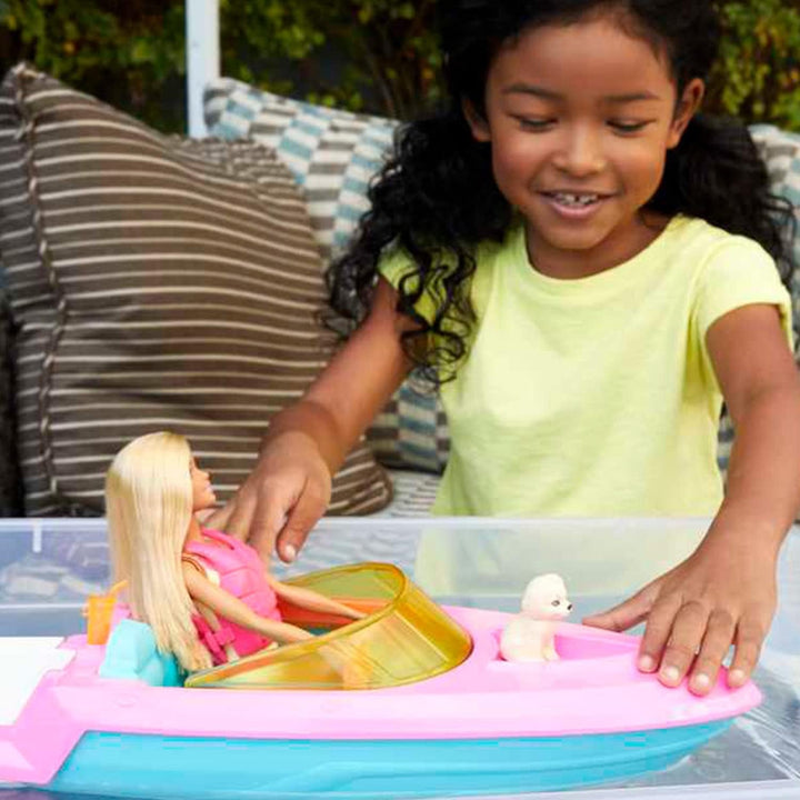 Barbie Speedboat Set, păpușă Barbie cu păr blond, vestă de salvare roz, barcă, cățel, accesorii, cadouri pentru copii cu vârsta peste 3 ani, Grg30 Papusi Naty Shop