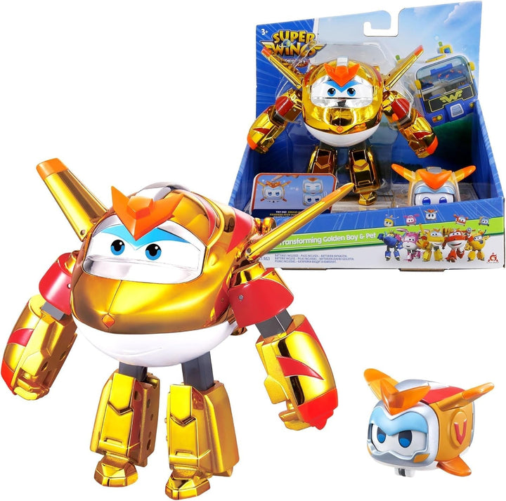Super Wings EU770447 - Transforming Tino & Pet, figură de joacă transformabilă cu înălțimea de aprox. 14,5 cm și animal de companie cu înălțimea de aprox. 4,3 cm, pentru copii cu vârsta de peste 3 ani Action figures Naty Shop Băiatul de aur