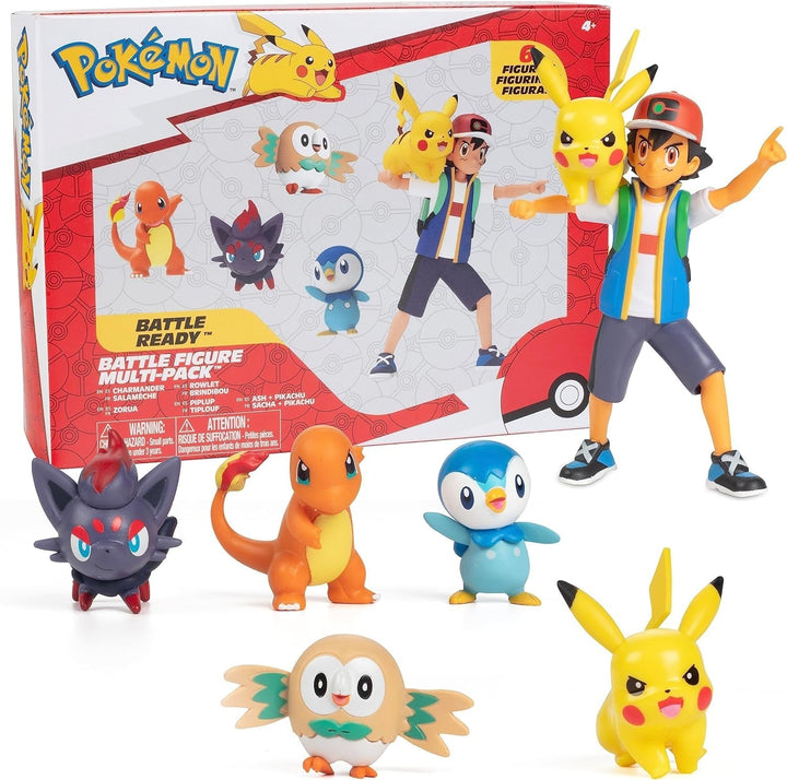 Pokémon Battle Ready! Set de figurine 6 piese - 11.4 Cm Ash & Launching Pikachu, 5.1 Cm Charmander, Rowlet, Piplup, Zorua - Licențiat oficial - Cadou de Paște pentru copii, băieți, fete Action figures Naty Shop Titlu implicit