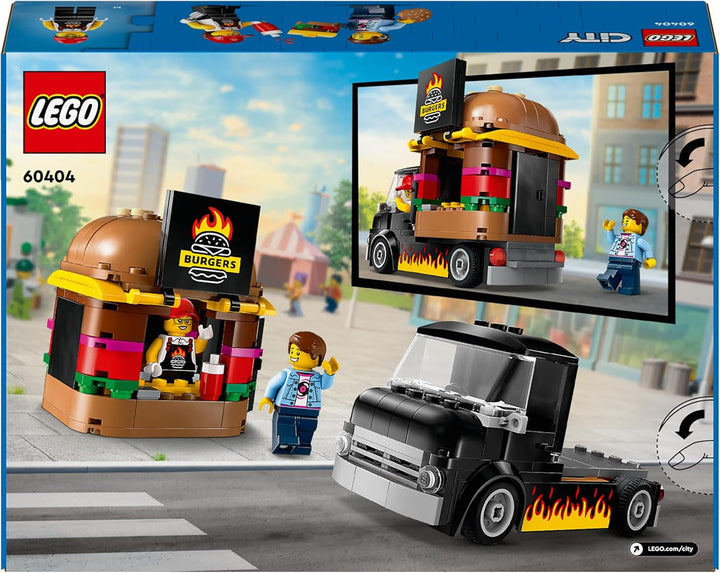 LEGO City Burger Truck, set de construcție cu mașină de jucărie pentru copii de 5 ani, minifigurină Food Truck și accesorii, cadou distractiv pentru băieți și fete 60404 Seturi de constructie Besuche den LEGO-Store