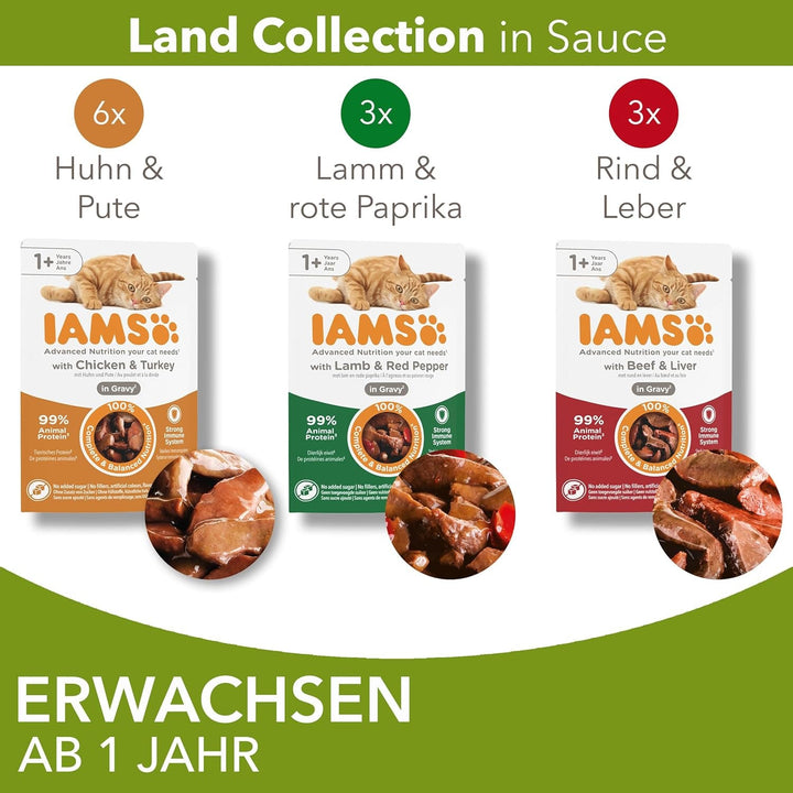IAMS Delights Land Collection Hrană umedă pentru pisici - Multipack cu sortimente de carne (miel, vită, pui și curcan) în sos, hrană umedă pentru pisici de peste 1 an, 12 X 85G