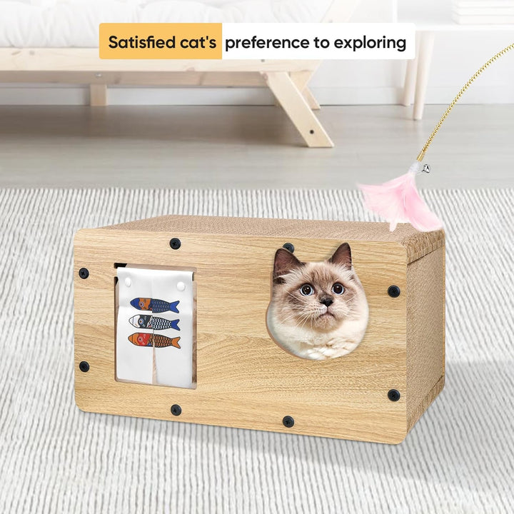 Căsuță din carton pentru pisici cu zgârietură pentru pisici, pat și peșteră pentru pisici de interior cu catnip, mobilier de zgârietură pentru pisici ușor de asamblat pentru diverse decorațiuni interioare, 53 x 30 x 28 cm