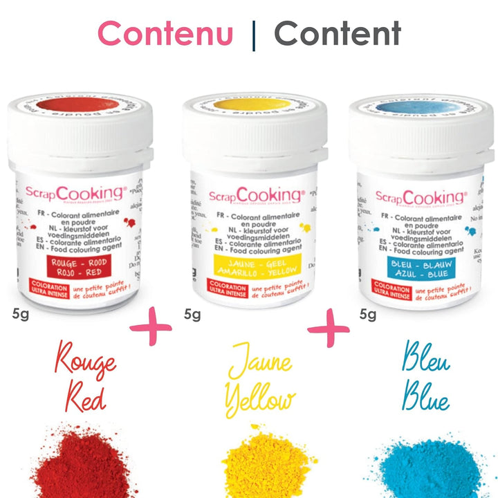 Scrapcooking - Set de 3 coloranți alimentari pudră - Roșu Galben Albastru - Coloranți alimentari pentru copt, prăjituri, fursecuri, prăjituri, aluat, fondant, tort curcubeu - 4011