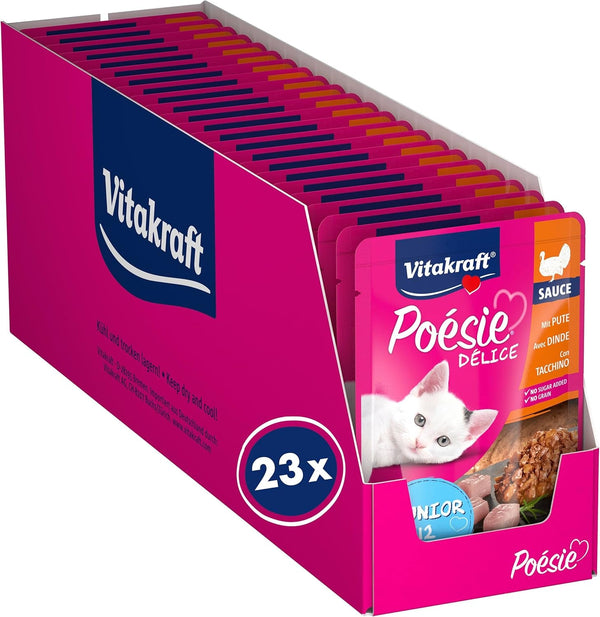 Vitakraft Poésie Délice, Junior, hrană umedă pentru pisici, hrană umedă în sos, cu curcan, preambalată, pentru pisici tinere, fără adaos de zahăr și cereale (23X 85G)