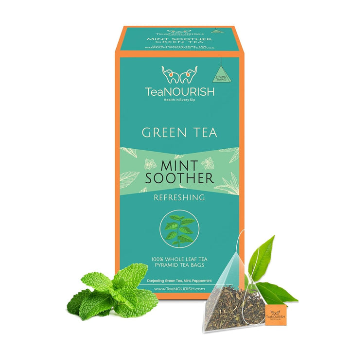Teanourish Ghimbir Tulsi Ceai verde | 20 pliculețe de ceai piramidale | Darjeeling frunze întregi | Superalimente indiene Ghimbir, Tulsi &amp; Lemn dulce | Ameliorează stresul și favorizează digestia
