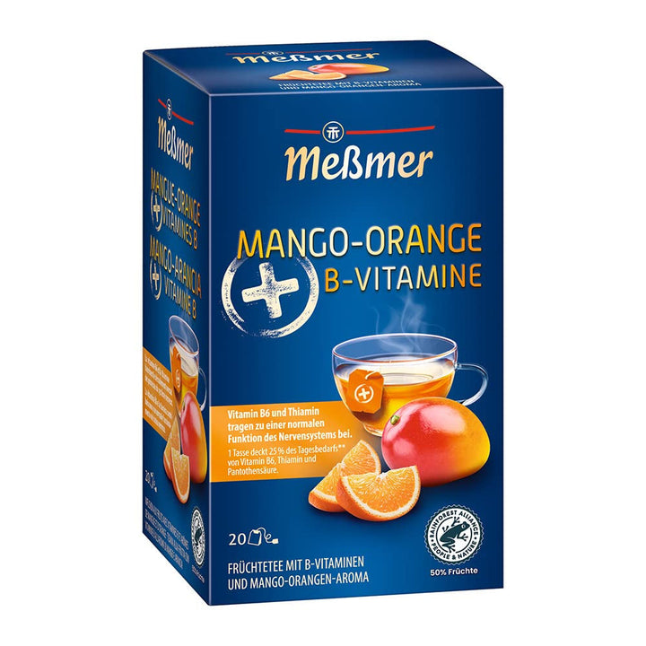 Ceai Meßmer plus | Mango-portocală + vitamine B | 20 pliculețe de ceai | Fără gluten | Fără lactoză | Vegan