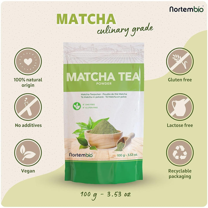 Nortembio Matcha Tea Powder 100 g. Ceai verde japonez fără aditivi și conservanți. Ceai verde Matcha de calitate culinară. Ideal pentru latte, deserturi și produse de patiserie.
