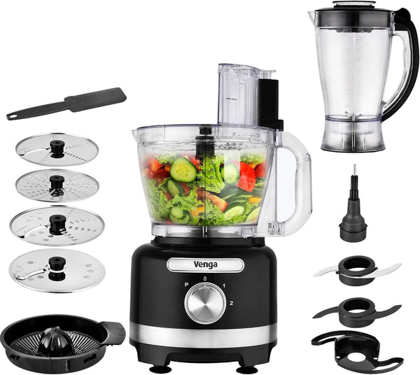Venga! 8-In-1 Küchenmaschine, 3-L-Schüssel, 1,75-L-Mixbehälter, 2 Geschwindigkeitsstufen, Turbo-Funktion, 1000 W, Schwarz/ Silberfarben, VG HA 3001 Mama si Copilul Naty Shop