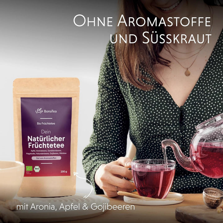 Ceai natural din fructe BIO vrac, fără arome, delicat și natural, cu fructe de cătină, fructe de soc și fructe de aronia, 200 g