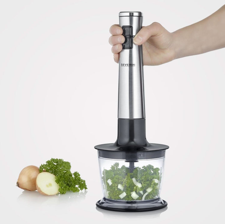 SEVERIN Kabelloser Stabmixer Mit Premium-Set, Abnehmbarer Mixstab, Mit Pürierstab, Multizerkleinerer, Mixbehälter, Kartoffelstampfer & Schneebesen, Schwarz/Edelstahl-Gebürstet, SM 3775 Mama si Copilul Naty Shop