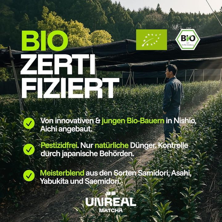 UNREAL® Ceremonial Bio Matcha – Ceai verde ceremonial 100% japonez – Calitate premium din Shizuoka – Pentru ceai, latte și smoothie-uri – Măcinat foarte fin pentru o cremozitate maximă – 25 g