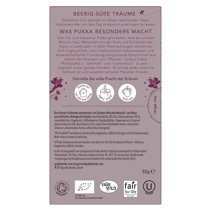 Pukka | Ceai de fructe bio „Night Time Berry” | Mușețel, coacăze negre și mure | Ceai pentru o seară relaxantă | Fără cofeină | Pachet de 1 | 20 pliculețe de ceai