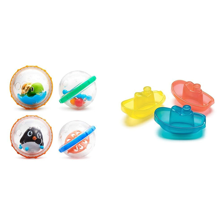Jucărie de baie Munchkin Float and Play Bubbles | Baby Essentials | Jucării de baie pentru bebeluși și copii | Jucării de baie pentru bebeluși și jucării de duș | 2 pachete Jucarii Bebe Naty Shop Bundle cu bărci de scăldat Pachet de 4