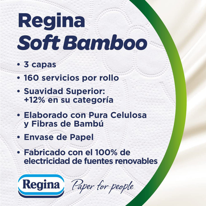Hârtie igienică Regina Soft din bambus, 8 role, 3 straturi, 160 foi, Moliciune naturală pentru pielea ta, Hârtie igienică din fibre de bambus, Ambalaje din hârtie, Certificat Fsc