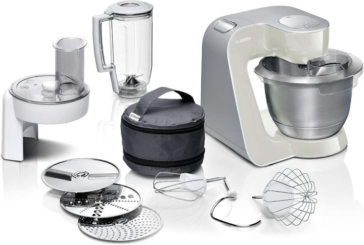 Bosch Küchenmaschine Serie 4 Mum58720,Edelstahl-Schüssel 3,9 L, Mixer 1,25 L, Planetenrührwerk,Knethaken,Schlag,Rührbesen, Durchlaufschnitzler, 3 Scheiben, 1000 W, Dunkelrot/Silber Mama si Copilul Naty Shop Grau / Silber
