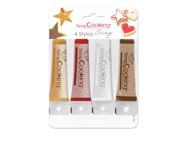 Scrapcooking – 4 markere pentru piese: auriu, ciocolatiu, alb și roșu – pixuri decorative comestibile pentru scris și desenat pe deserturi, prăjituri și biscuiți