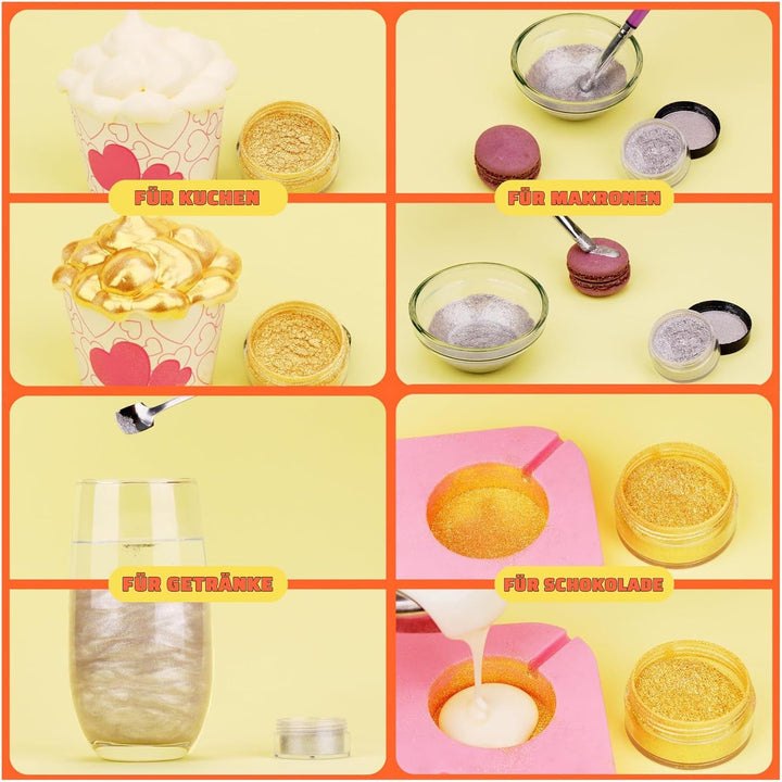 Sclipici comestibil pentru băuturi - Set de colorant alimentar pudră Fidton cu 2 culori, Sclipici comestibil pentru prăjituri, Fondant auriu, Gogoașă, Sclipici comestibil pentru băuturi, Cocktail, Aur și argintiu comestibil - 5 g