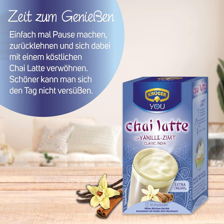 KRÜGER YOU Chai Latte Vanilie-Scorțișoară, preparat instant pentru băuturi cu lapte, aromatizat cu vanilie și scorțișoară, 250 g (10 pliculețe de 25 g)