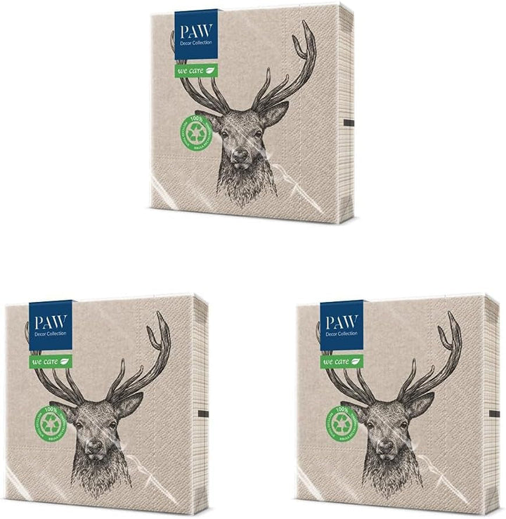 Paw Decor Collection X Paw Decor Collection CM Pappers torkservetter med 3 lager. 20 stycken. Tryckt med vattenbaserade färger. Borddekorationer. Nature, HIRSC, PAW_022022, rådjur, 33 x 33 cm (paket med 3)