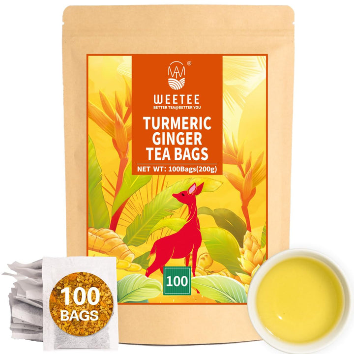 WEETEE Pliculețe de ceai cu turmeric, ghimbir și scorțișoară, 2 g x 100 bucăți Pliculețe de ceai cu turmeric, ghimbir și scorțișoară, ceai cald, picant și ușor dulce cu turmeric și ghimbir, bogat în antioxidanți, ceai cu mirodenii fără cofeină