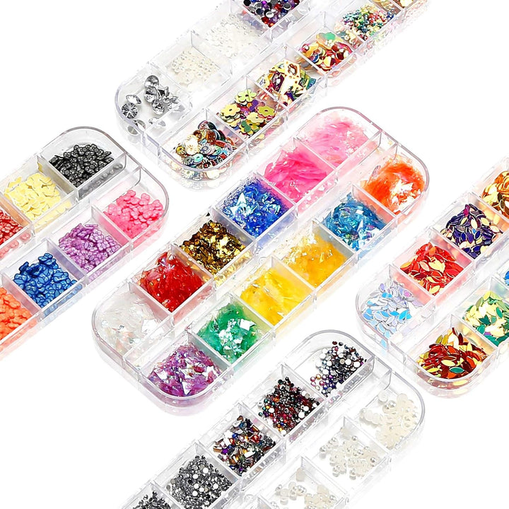 10 cutii kit de strasuri pentru unghii, accesorii multifuncționale cu 1 pensetă, diamante decorative, cristale, perle, pietre prețioase, colorate, amestecate, ochi de cal, pietre metalice, pentru decorarea unghiilor DIY
