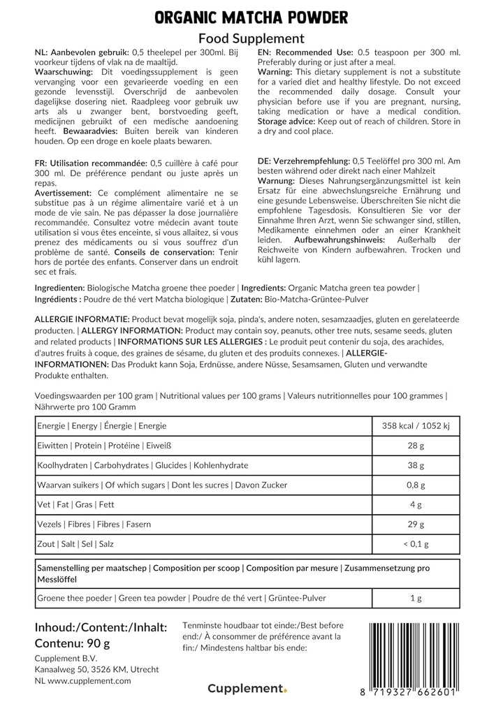 Cupplement Matcha 90 grame bio - Ceai verde pudră de cea mai înaltă calitate - Fără bătător de bambus și tel - Culunary - Set pentru începători - Latte - Bătător - Japonia - Pudră - Ceai - Tel - Pungă - Smoothie