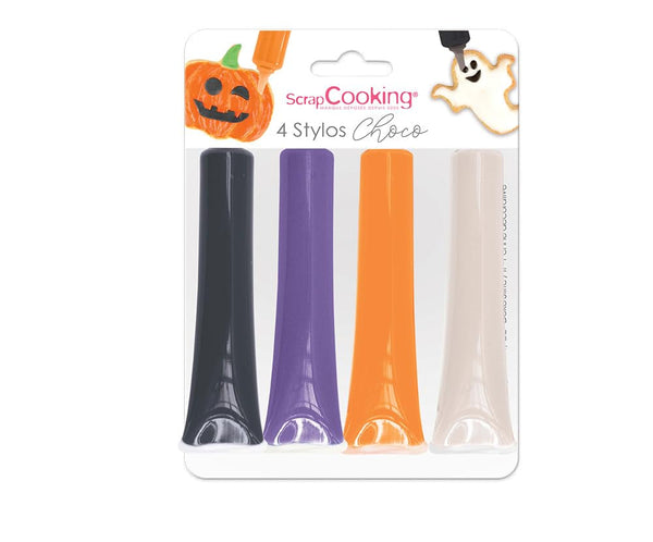 Scrapcooking - Set de 4 creioane colorate de ciocolată pentru Halloween - Negru, portocaliu, violet și alb - Colorant comestibil - Colorant alimentar pentru scris - Scrie și desenează pe deserturi, prăjituri și fursecuri - 7064