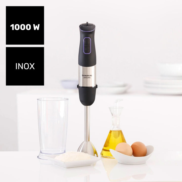 Taurus Stabmixer 1000W | 20 Geschwindigkeitsstufen | Turbo-Funktion | 4 Edelstahlklingen | Ergonomisches Soft-Touch-Design | Spritzschutz | Zubehör | Edelstahl | Elektrisch |Kunststoff, Silber/Schwarz Mama si Copilul Naty Shop