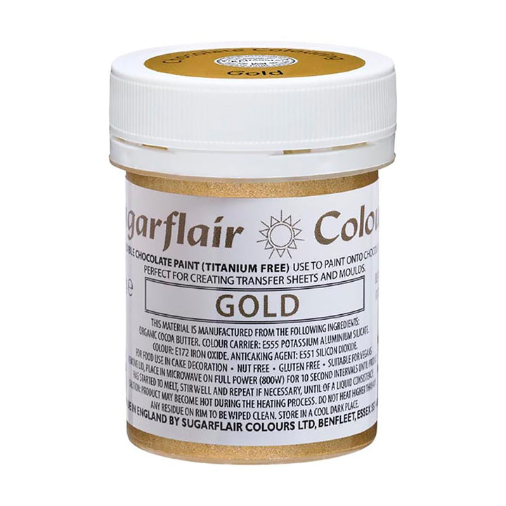 Colorant alimentar Sugarflair Chocolate Gold - Unt de cacao organic colorat, colorant ciocolată pentru colorarea ciocolatei, praline - 35 g