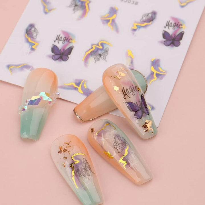 6 Blatt 3D Lila Schmetterling Nagelstickers Selbstklebend Nagelaufkleber Schmetterlinge Nail Sticker Bunte Blühen Marmor Nagel Stickers Regenbogen Welle Linien Nail Art Aufkleber Nageldesign Zubehör