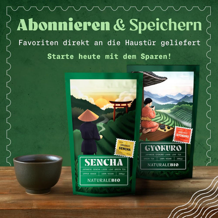 Naturalebio Ceai japonez Sencha – 200 g Ceai verde organic – 100% ceai verde Sencha pur și natural - vrac în frunze din prima recoltă – produs organic cultivat în Japonia