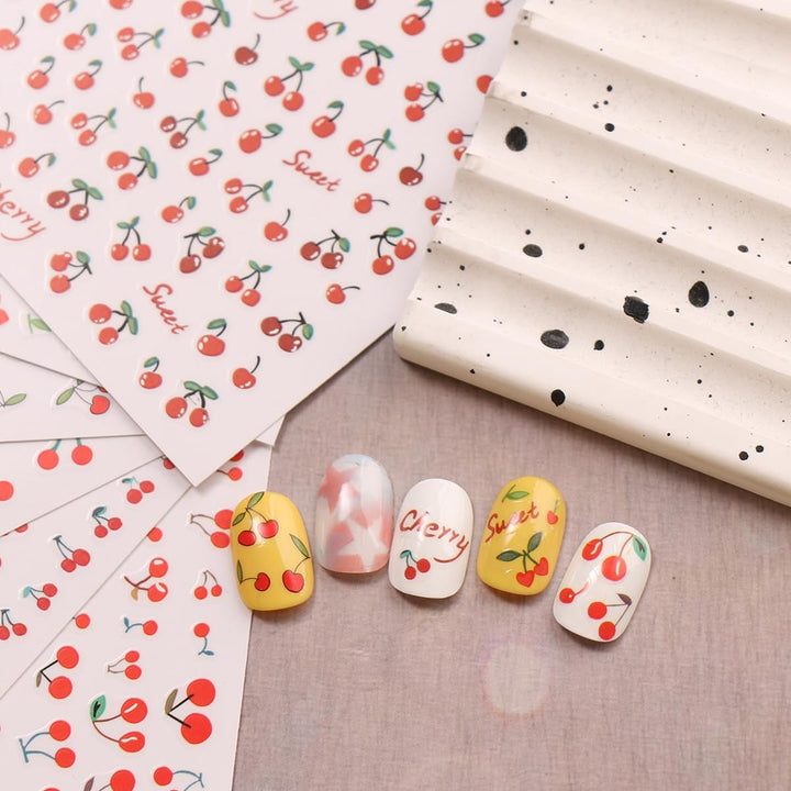 JMEOWIO Nagelsticker Kirschfrucht 6 Blatt Nail Art Sticker Selbstklebend Nagelaufkleber Dekoration Nageldesign Zubehör