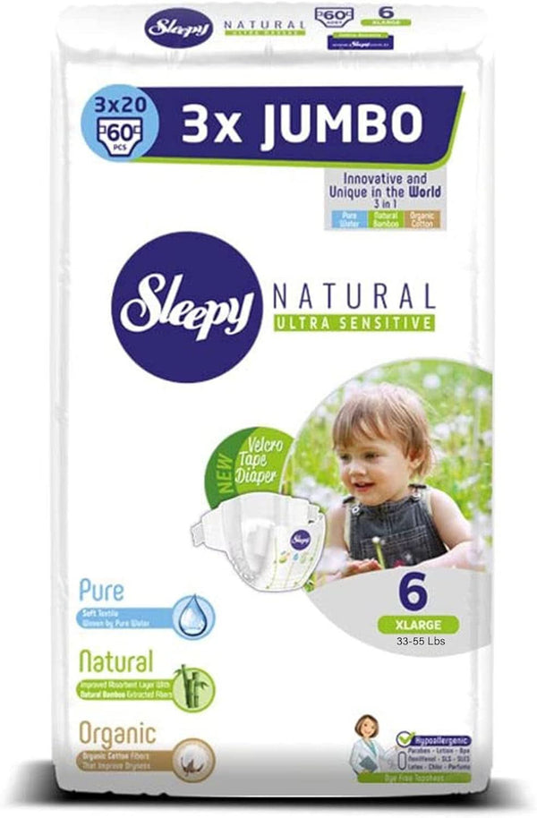 Sleepy 3X Jumbo Natural Baby Scutece, fabricate din bumbac organic și extract de bambus Naty Shop Size 6 (3 x 20 bucati)